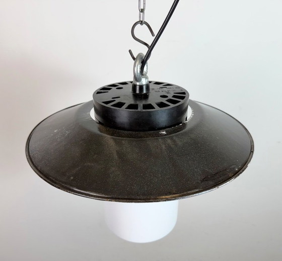 Image 1 of Industrial Grey Enamel Pendant Lamp with Milk Glass, 1960s