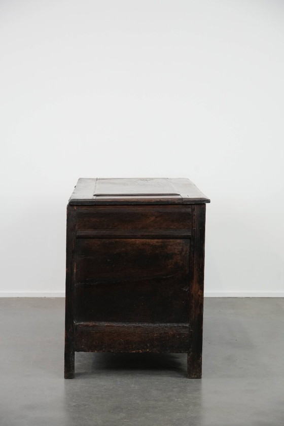 Image 1 of Large antique panelled English oak chest from the 18th century