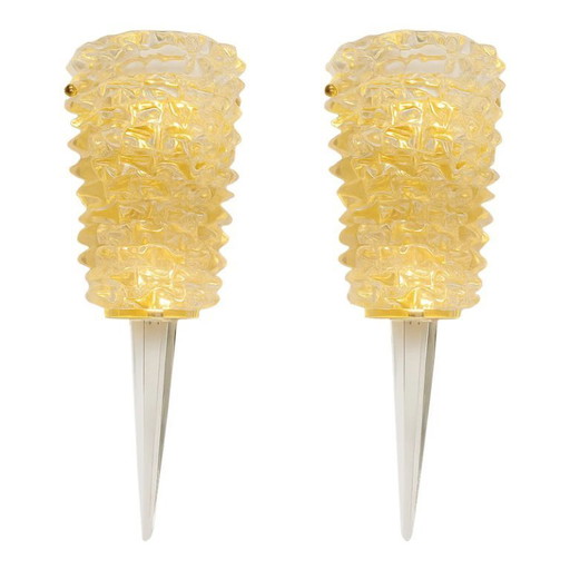 Una coppia di applique da parete trasparenti in vetro di Murano italiano Rostrato in stile Art Déco Barovier