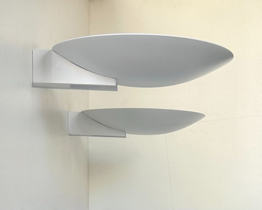 Pair of vintage modernist Disderot wall lights in white lacquered metal, France, 1970s