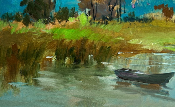 Image 1 of Original Oil Painting Summer Church Landscape A lonely boat among the reeds