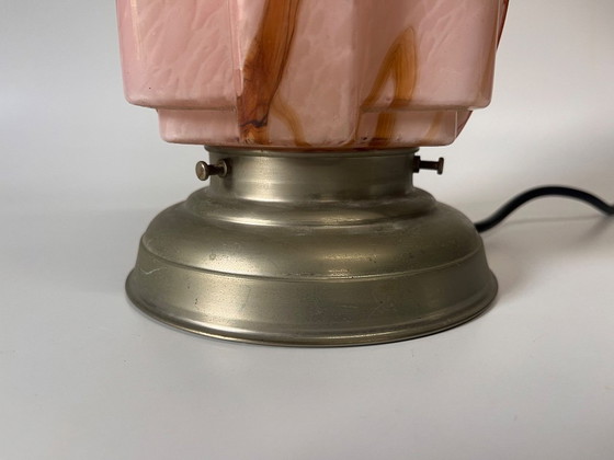 Image 1 of Antique pink Art Deco marbled lamp table lamp skyscraper