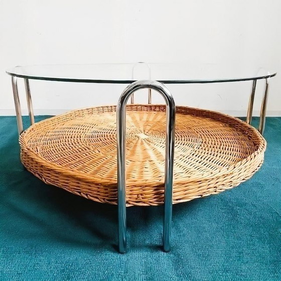 Image 1 of Vintage mid-century retro design salontafel rotan chroom glas riet 1970's