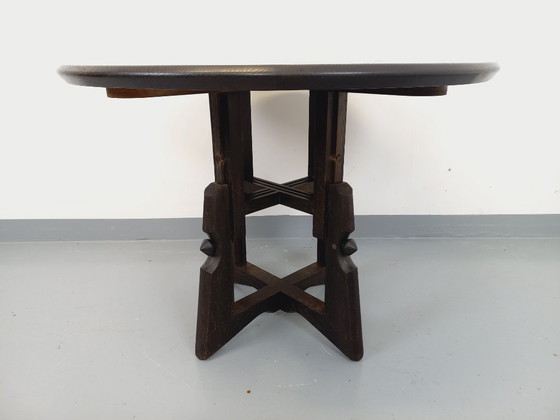 Image 1 of Table basse ronde modulable en table à manger “monte et baisse” vintage Guillerme et Chambron en chêne massif et céramique