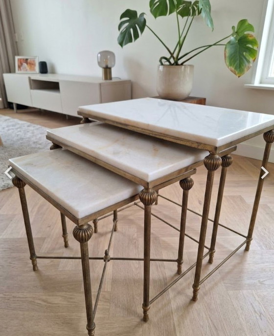 Image 1 of Set vintage italiano in stile Hollywood Regency, composto da onice e ottone.