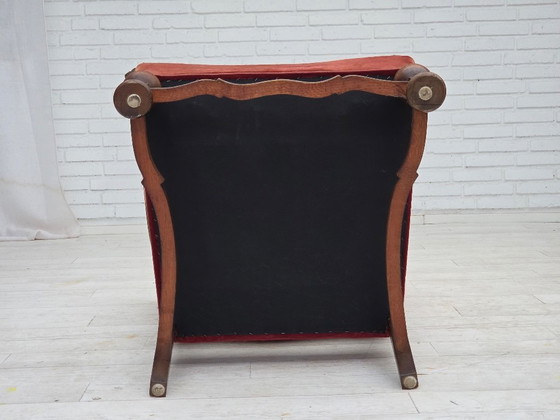 Image 1 of Poltrona danese con schienale alto, anni '50, tessuto di lana intrecciato, velluto rosso per mobili, legno di frassino.