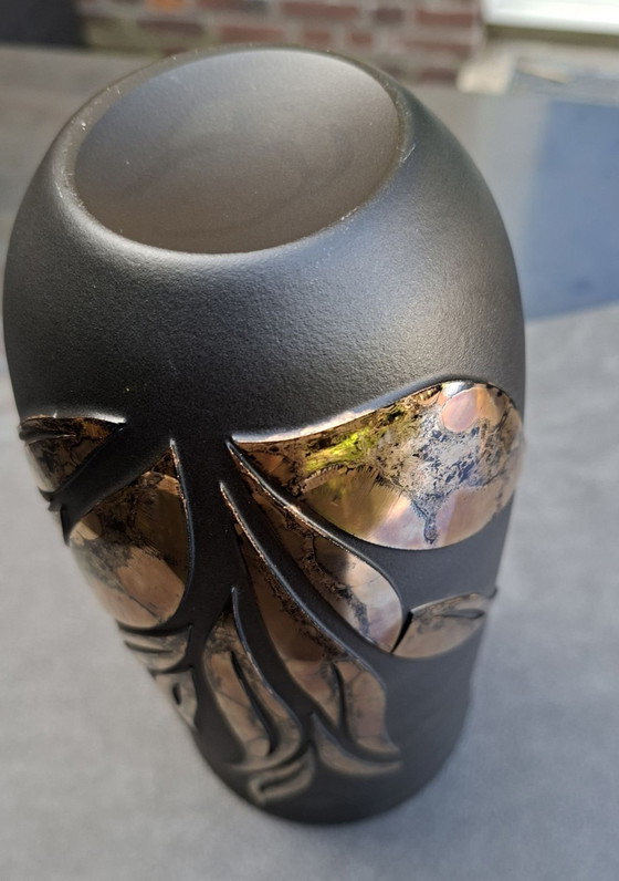 Sculptural vintage glass vase with bronze-colored leaf motif, Brown (photo 6 of 7)