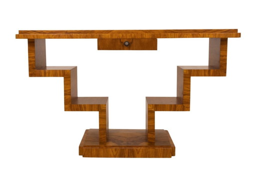 Console unique en noyer Art déco, Pologne, milieu du XXe siècle.