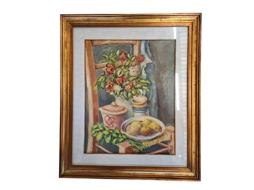 Elegant Still Life on a Chair – Oil Painting with Golden Frame (59x69 cm)