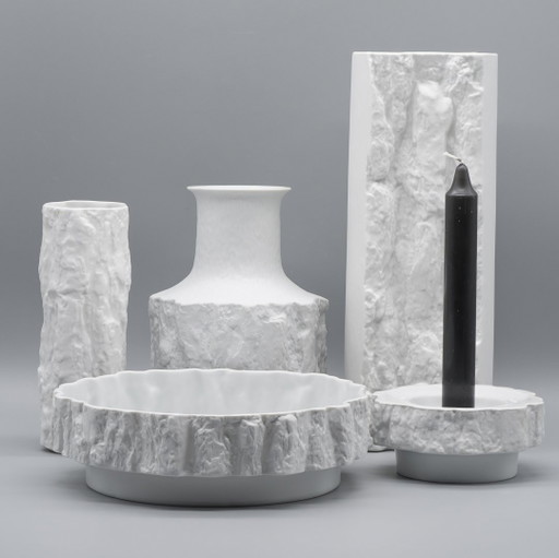 Juego de 5 jarrones de porcelana bisqué "Silvana" de Ernst Fenzl Bareuther con relieve de corteza de arte óptico