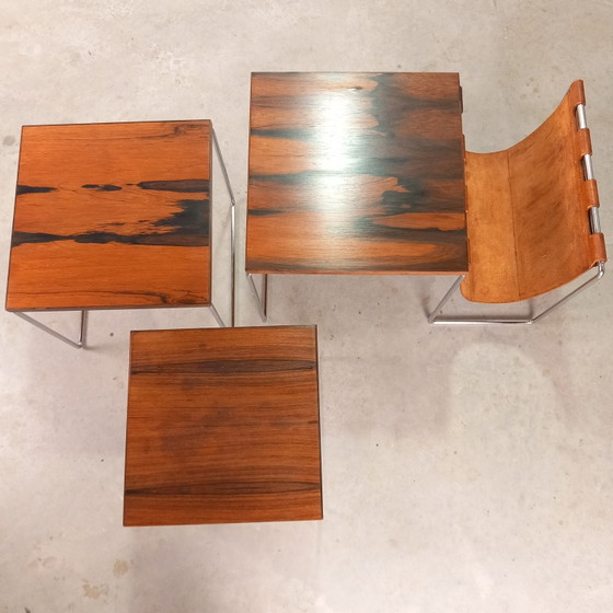 Vintage Dutch Design Brabantia Miniset Met Tuigleer Lectuurbak Nesting Tables – Bijzettafels, Leather, Metal (photo 5 of 9)
