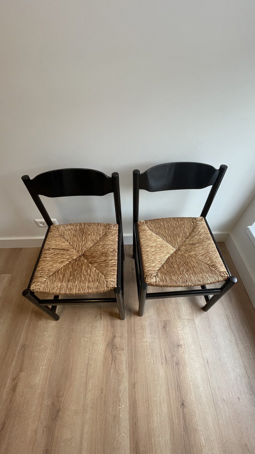 Set van 2 vintage eetkamerstoelen met rieten zitting