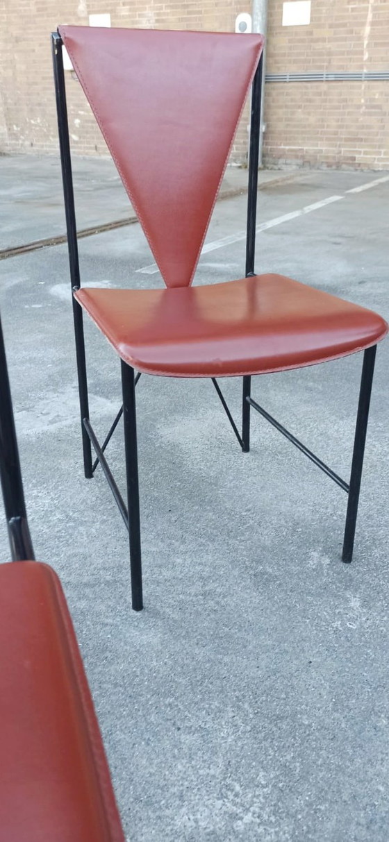 Image 1 of 4 x Vintage Postmoderne Leren Eetkamerstoelen