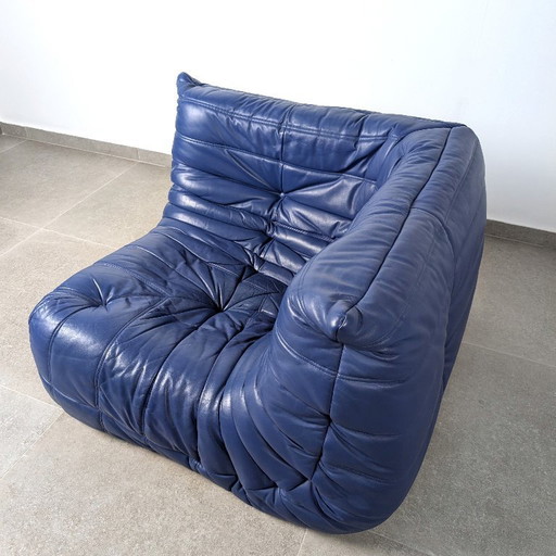 Michel Ducaroy Ligne Roset Ecksofa aus blauem Togo-Leder, Frankreich, 1980er Jahre