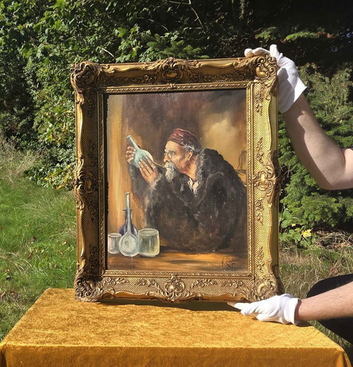 Vintage Mid-Century Alchemist Olieverfschilderij