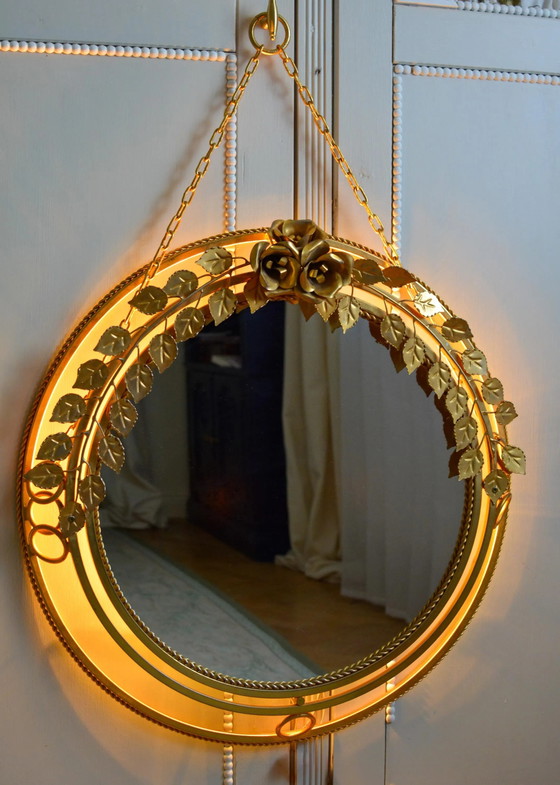 Vintage Hollywood Regency Verlichte Rozen Spiegel, Verguld Metaal, Jaren 60 – Metal, Gold, Italian Design (photo 3 of 6)