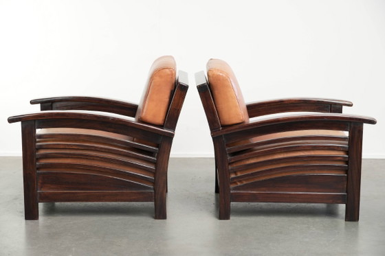2 begehrenswerte cognacfarbene Rindsleder Art Deco Sessel aus dem 20. Jahrhundert – Leather (photo 4 of 13)