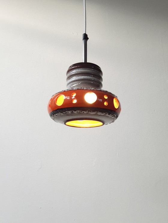 Image 1 of Keramieken aardewerken vintage hanglamp van Herda, west germany fat lava stijl, keramische retro, oranje hanglamp