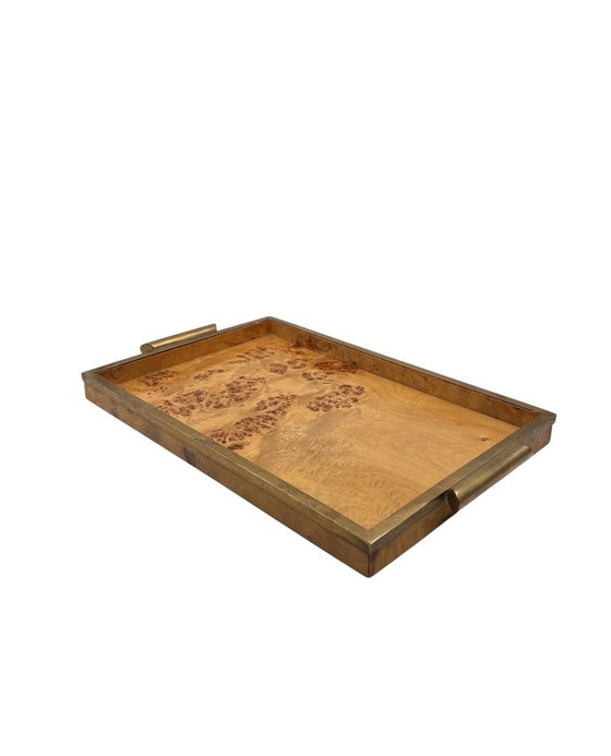 Image 1 of Hollywood regency brass & burl tray, Italy 1970s