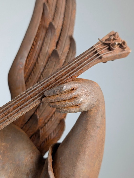 Image 1 of Sculpture d'ange en fer forgé de style néo-Renaissance espagnole, jouant du luth, vers 1900