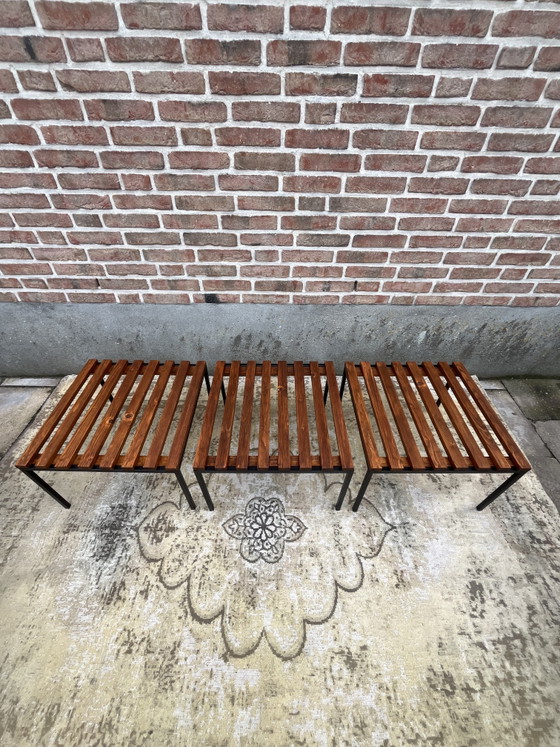Unique set of three vintage mid-century MCM slat benches – Side tables, Wood, Metal (photo 3 of 11)