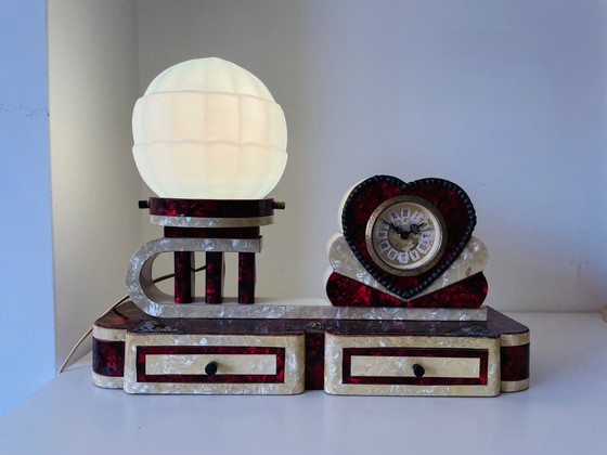 Image 1 of German Art Deco wood mother of pearl silver clock blue opaline glass lamp set with drawers, 1930s