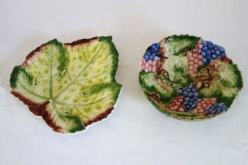 Fruit drainer and dish in vintage French barbotine
