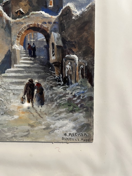 Original Antique Winter Painting by Heinrich Recker (1927) – "Alken an der Mosel" with Dedication