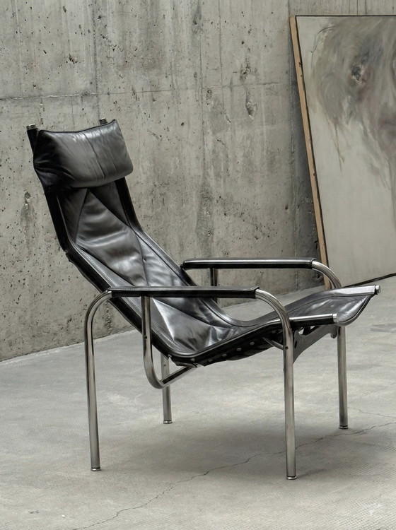 Image 1 of HANS EICHENBERGER PER STRÄSSLE POLTRONA RELAX LOUNGE E OTTOMANO BAUHAUS IN PELLE CROMATA SVIZZERA ANNI '70