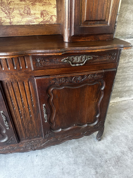 Image 1 of Tweedelig, gebeeldhouwd eikenhouten buffet/dressoir - Lodewijk XV-stijl, 19e eeuw