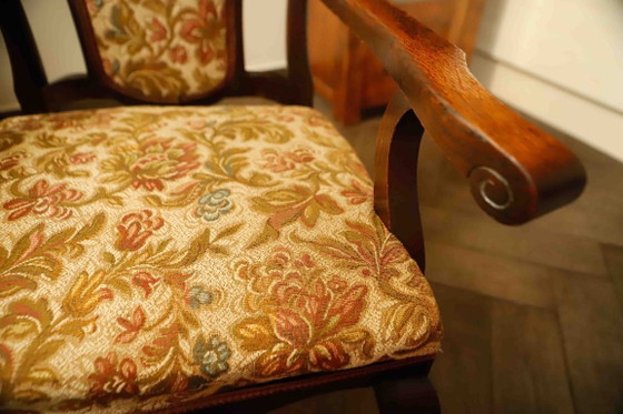 Image 1 of Antique Queen Anne Revival Carver Armchair with Floral Tapestry Upholstery 