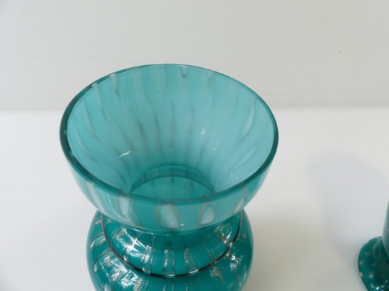 Pair of Covered Turquoise and Aventurine Glass Jars, Murano – 20th Century – Decorative Objects (photo 7 of 13)