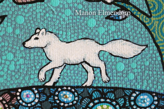 Image 1 of Cuadro único de un pequeño zorro ártico pintado a mano. Nuevo. 18x24 cm.