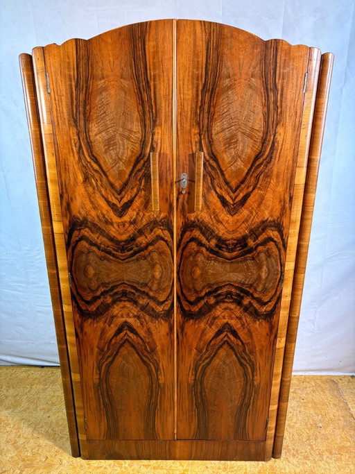 Splendido Armadio Vintage Art Déco Noce Figurato Anni '30 | Impiallacciatura Bookmatched | Fronte Curvo