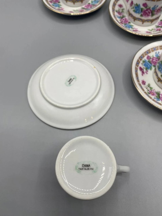 6 Jie Pai porseleinen koffiekopjes en schotels, romantisch bloemenmotief, jaren 90 – Decoratieve objecten (photo 4 of 4)