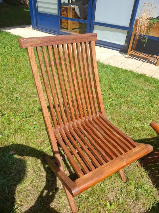 Image 1 of Lot de 4 chaises de jardin pliantes en Teck massif + 4 coussins de chaises à dossier offerts