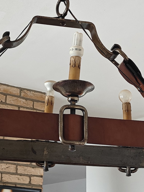 Image 1 of Lampadario francese con rivestimento in pelle, anni '50