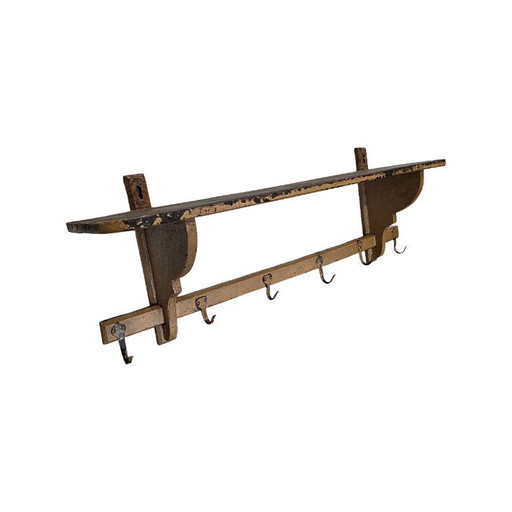 Oude Brocante Houten Wandplank Met Haken, Van Rond 1900