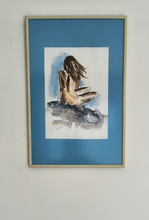 Pastel painting of a naked girl by the sea.