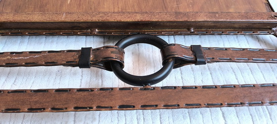 Image 1 of Iconic Large Mirror 1960's Design Jean-Pierre Ryckaert en Métal Façon Cuir Sellier à Surpiqures