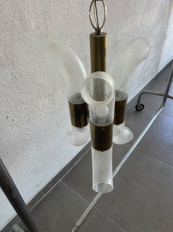 Carlo Nason for Mazzega Murano Glass and Brass Chandelier 70s, Pendant lamps, Gold (photo 2 of 5)