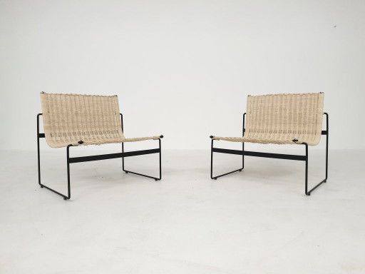 Gregorio Vicente Cortes and Luis Onsurbe Rattan Lounge Chairs for Metz and Co, Dutch Design 1961