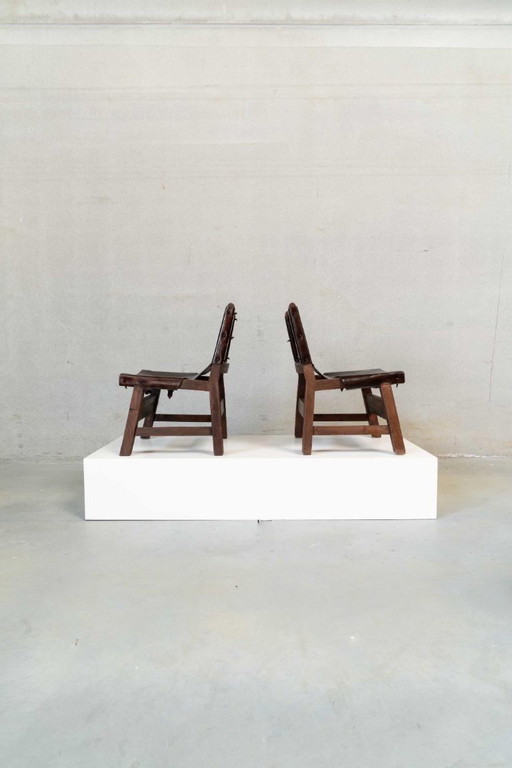 Set de 2 chaises longues en cuir patiné
