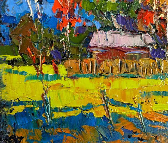 Image 1 of Original Oil Painting Autumn Village Landscape The gold of an October day