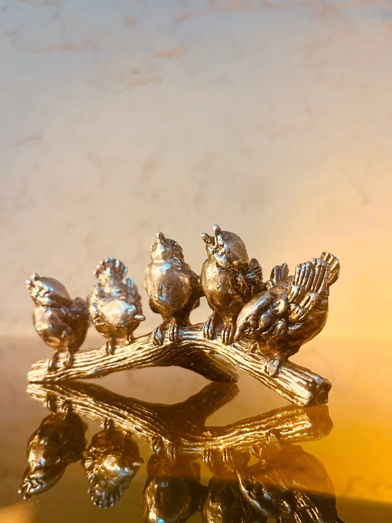 Pezzo di design! 5 uccelli placcati in argento su un ramo – Oggetti decorativi, Silver, Metal (photo 5 of 8)
