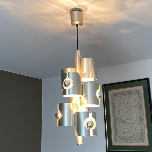 Lampada a sospensione Polam Bielsko. 1970. Era spaziale. Acciaio inossidabile spazzolato. – hanglampen, Metal