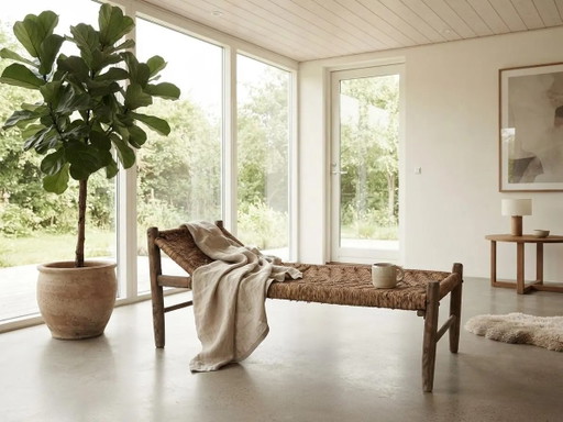Banc tissé rustique / Lit de repos primitif / Tabouret tissé main / Décoration Boho / Meubles minimalistes organiques / Assise d