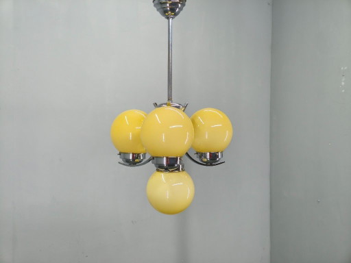 Art Deco Chrome and Opaline Glass Chandelier, Czechoslovakia