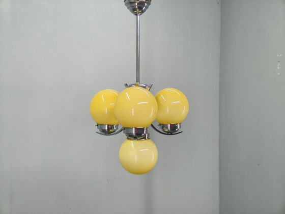 Image 1 of Art Deco Chrome and Opaline Glass Chandelier, Czechoslovakia