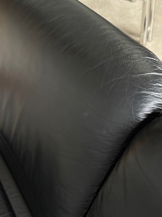 Image 1 of Vintage 2-seater lounge sofa — black leather & solid wood, Italy, 1970s–80s